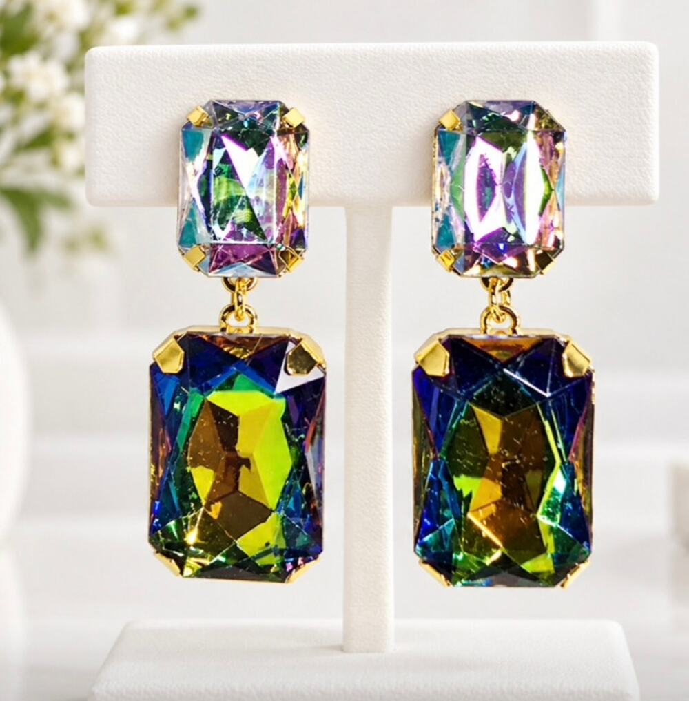 Mermaid AB Stone Cushion Cut Earrings New